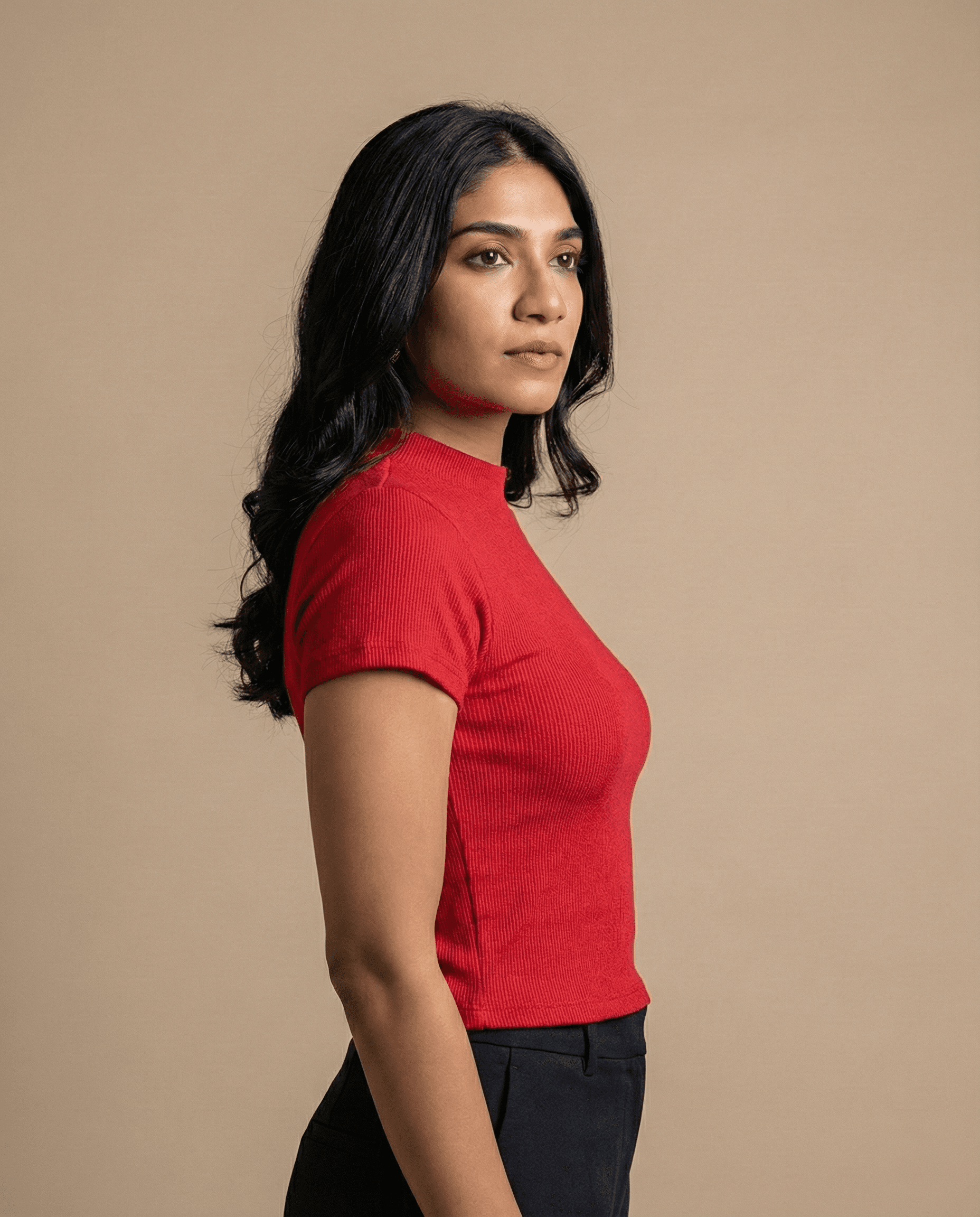 Crimson High-Neck Textured Short Sleeve Top view 4